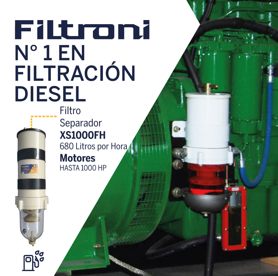 XS1000FH FILTRONI PortaFiltro de Combustible Separador de Agua tipo Turbina 180 GPH para Motores Diesel 1000 HP Max  Reemplaza Racor 1000FH (Incluye elemento XS2020)